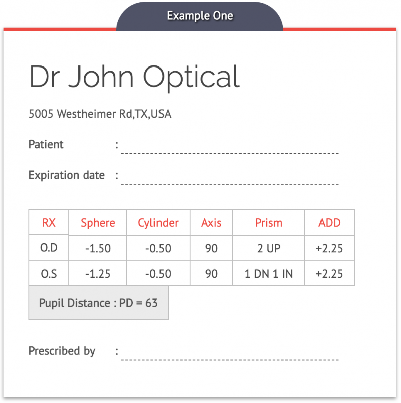 Eyeglasses Prescription Card Example 1