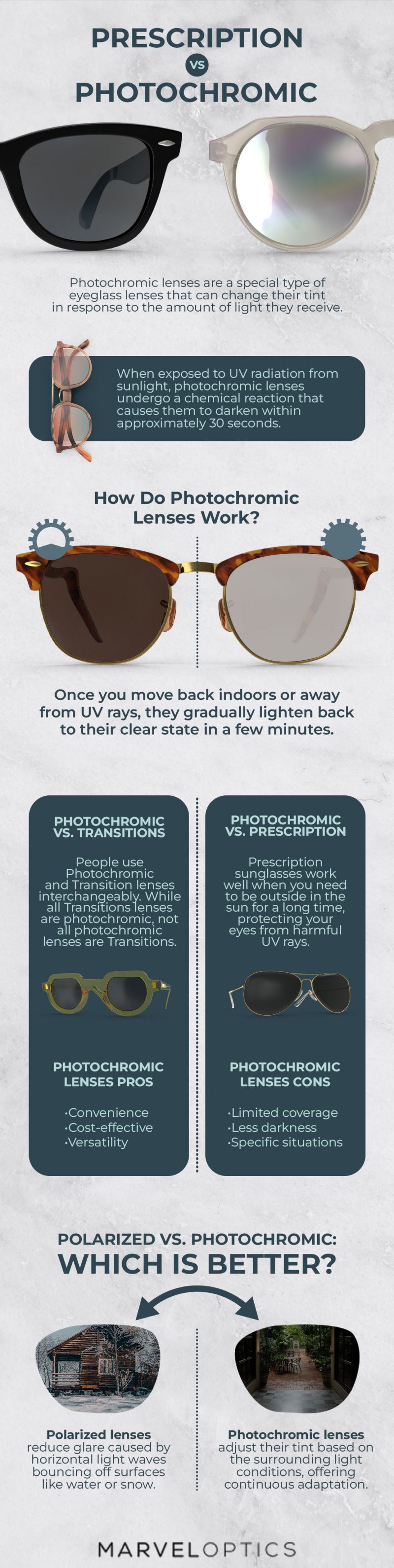 Prescription Sunglasses vs Photochromic Lenses infographic 